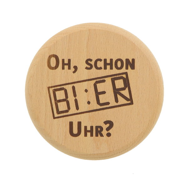 Bierglasdeckel mit Spruch "Bier Uhr" aus Holz, Wespen- und Fliegenschutz 10 cm