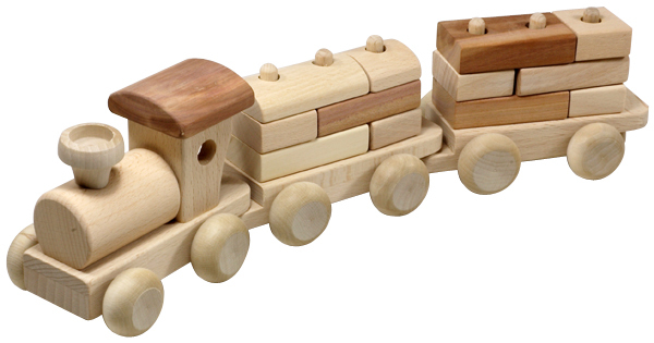 Zug und 2 Waggons, mit Bauklötzen aus Holz 34 cm