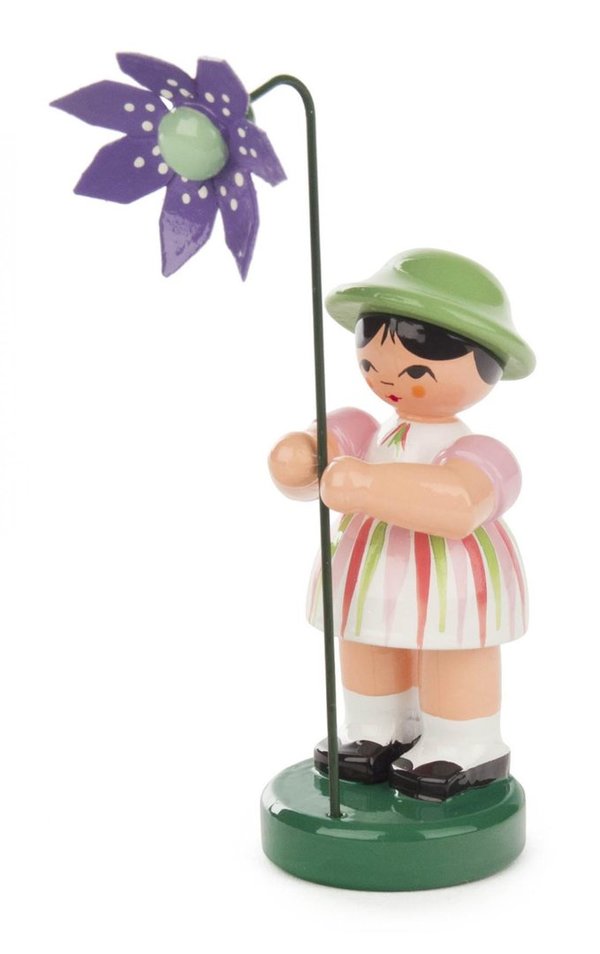 Blumenmädchen hell gestreift / grün, Blume violett, 6cm Figur, gesamt 9cm