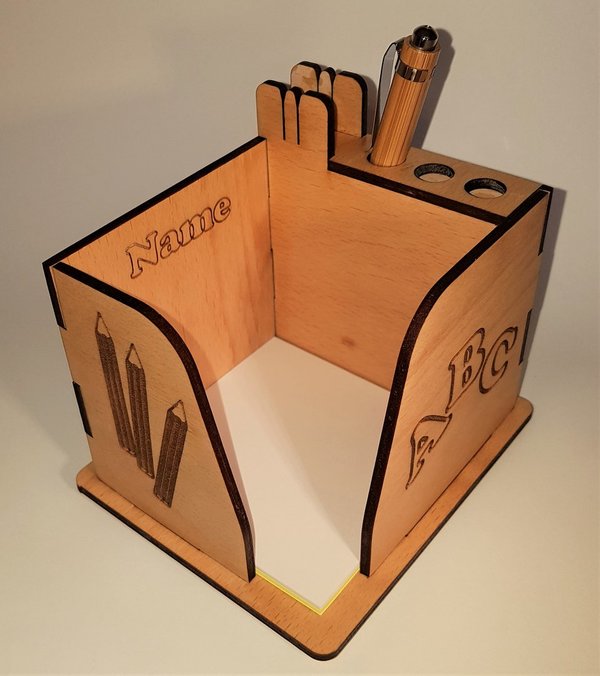 Zettelbox "Schulanfänger", mit Namen, Holz, für 3 Stift, Zettelhalter, ABC, 123, Stifte
