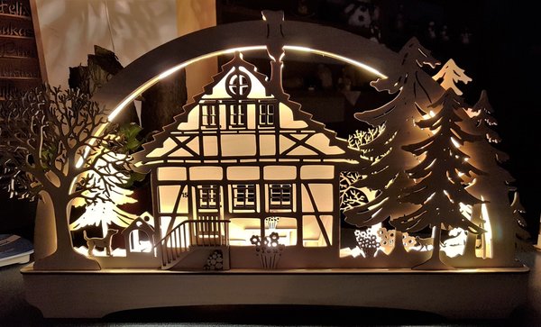 Eichsfelder-Bogen „Fachwerkhaus", 67cm breit, Schwibbogen, beleuchtet, LED, dimmbar