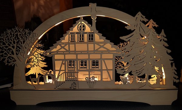 Eichsfelder-Bogen „Fachwerkhaus", 65cm breit, Schwibbogen, beleuchtet, LED, dimmbar