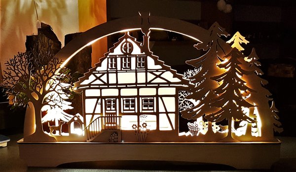 Eichsfelder-Bogen „Fachwerkhaus", 65cm breit, Schwibbogen, beleuchtet, LED, dimmbar