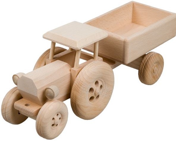 Trecker, Traktor mit Anhänger aus Holz 34 cm, Holz, Buchenholz