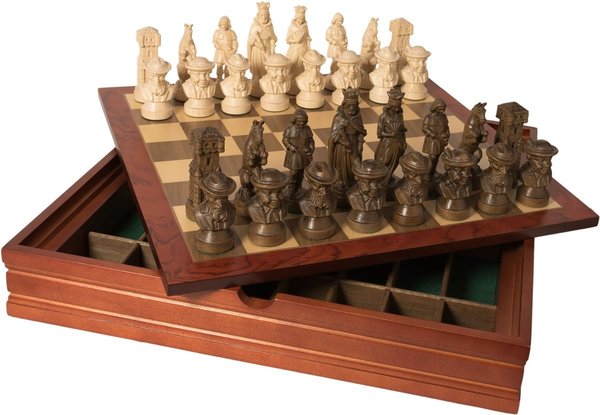 Schachspiel 9 cm mit Holzschachkassette, Schachbrett, Figuren, gewachst, Hobby