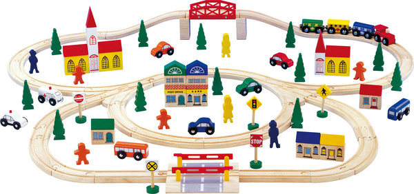 Holzeisenbahn, groß, Schienen, Brücke, Schranken, Fahrzeuge, Figuren, Eisenbahn