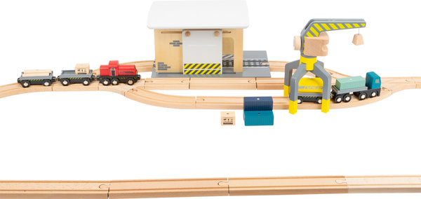 Güterbahnhof mit Zubehör, Schienen, Kran, Fahrzeuge, Bahnhof, Holz