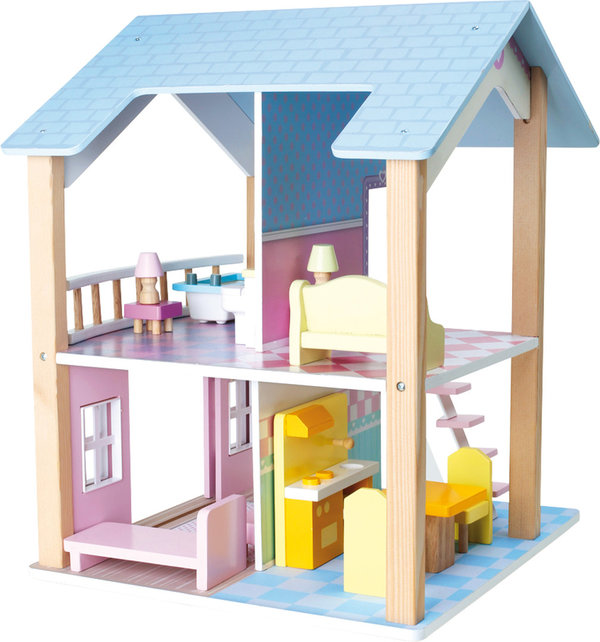 Puppenhaus Blaues Dach 2 Etagen, drehbar, Kinderzimmer