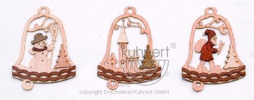 Baumschmuck Glocken mit Motiv, 6er Set, Baumbehang, Weihnachten, Erzgebirge, Seiffen, Kuhnert