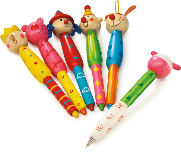 Kugelschreiber „Holzköpfe“, Schreibtisch, Hausaufgaben, schreiben, Schule, farbig, Holz