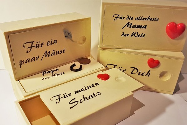 Holz Geschenk Kistchen - mit Schiebedeckel - verschiedene Sprüche, Geldgeschenke, Überraschung