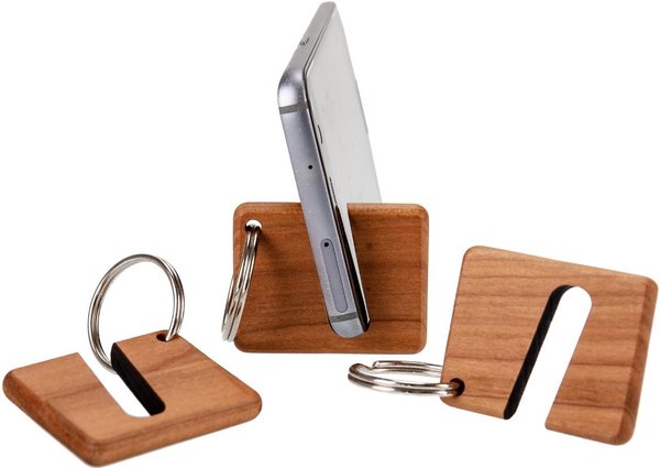 Holz Schlüsselanhänger mit Handyhalter - rechteckig, Handy, Smartphone