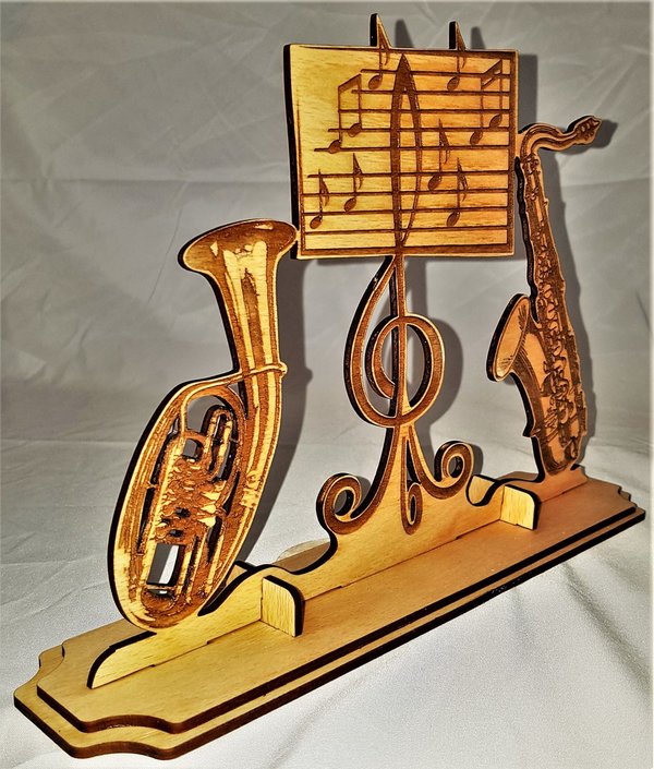 Tischaufsteller "Tenorhorn und Saxophon mit Noten", Holz, graviert, individuell