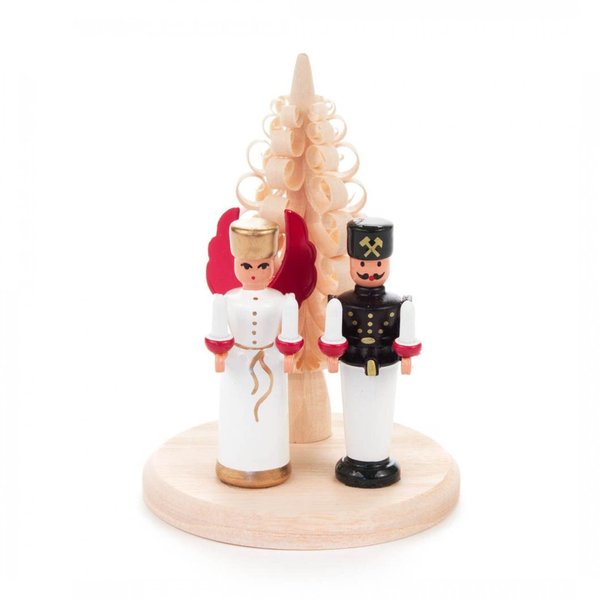 Miniatur Engel und Bergmann mit Bäumchen, Weihnachtsdeko, Spanbaum