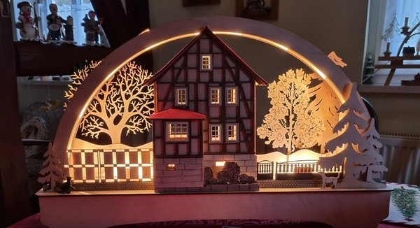 Eichsfelder-Bogen „Wohnhaus mit Vorbau", LED beleuchtet, Schwibbogen, individuell