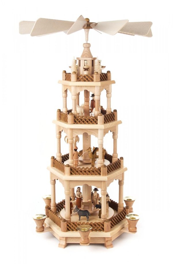 Pyramide mit Christi Geburt, farbig 3-stöckig, für Kerzen d=14mm