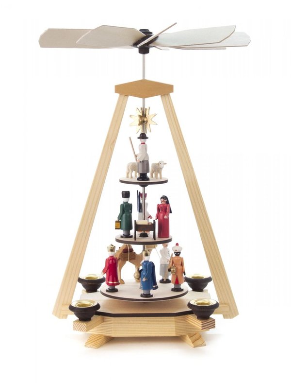 Pyramide mit Christi Geburt, 3-stöckig, für Kerzen d=14mm, farbig