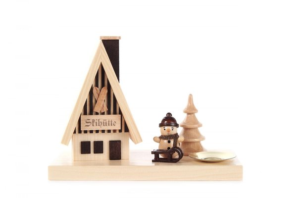Räucherhaus Skihütte mit Schneemann und Kerzenhalter für Kerze d=14mm, natur, holz