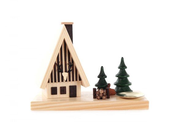Räucherhaus Waldhaus mit Hase, Bäumen und Kerzenhalter für Kerze d=14mm, natur, holz