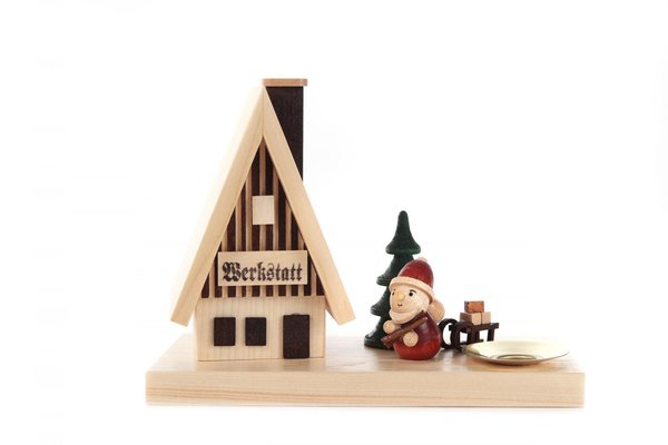 Räucherhaus Werkstatt mit Weihnachtsmann und Kerzenhalter für Kerze d=14mm, bemalt, Holz