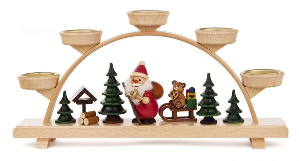 Schwibbogen mit Weihnachtsmann und Bär farbig für Teelichter