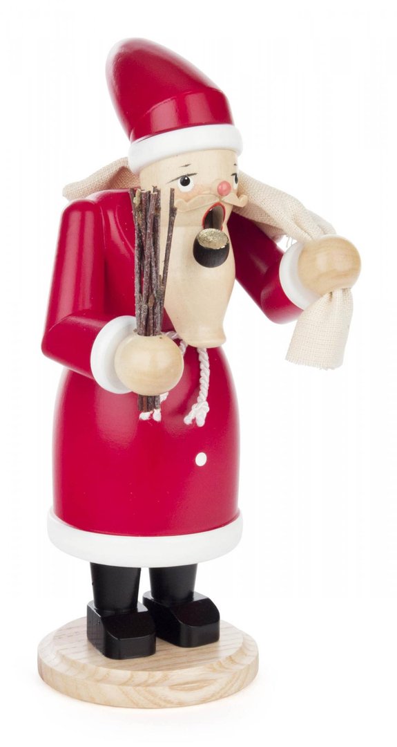 Räuchermann Weihnachtsmann mit Rute und Geschenkesack, rot