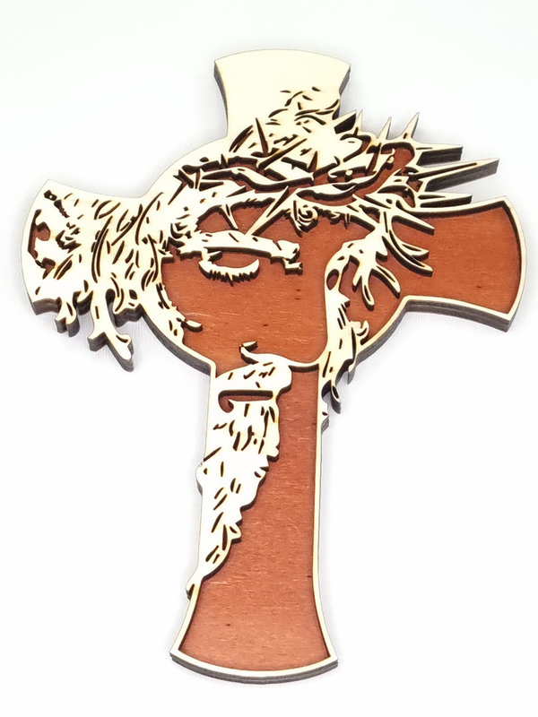 Wandkreuz, modern, im Kreuz ist der Kopf von Jesus stilistisch dargestellt, 30x22cm